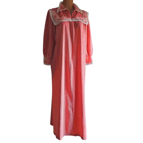 Vintage Robe Gilligan O'Malley Pink Velour Half Zip House Coat S 8-10 Ve… - Picture 2 of 11